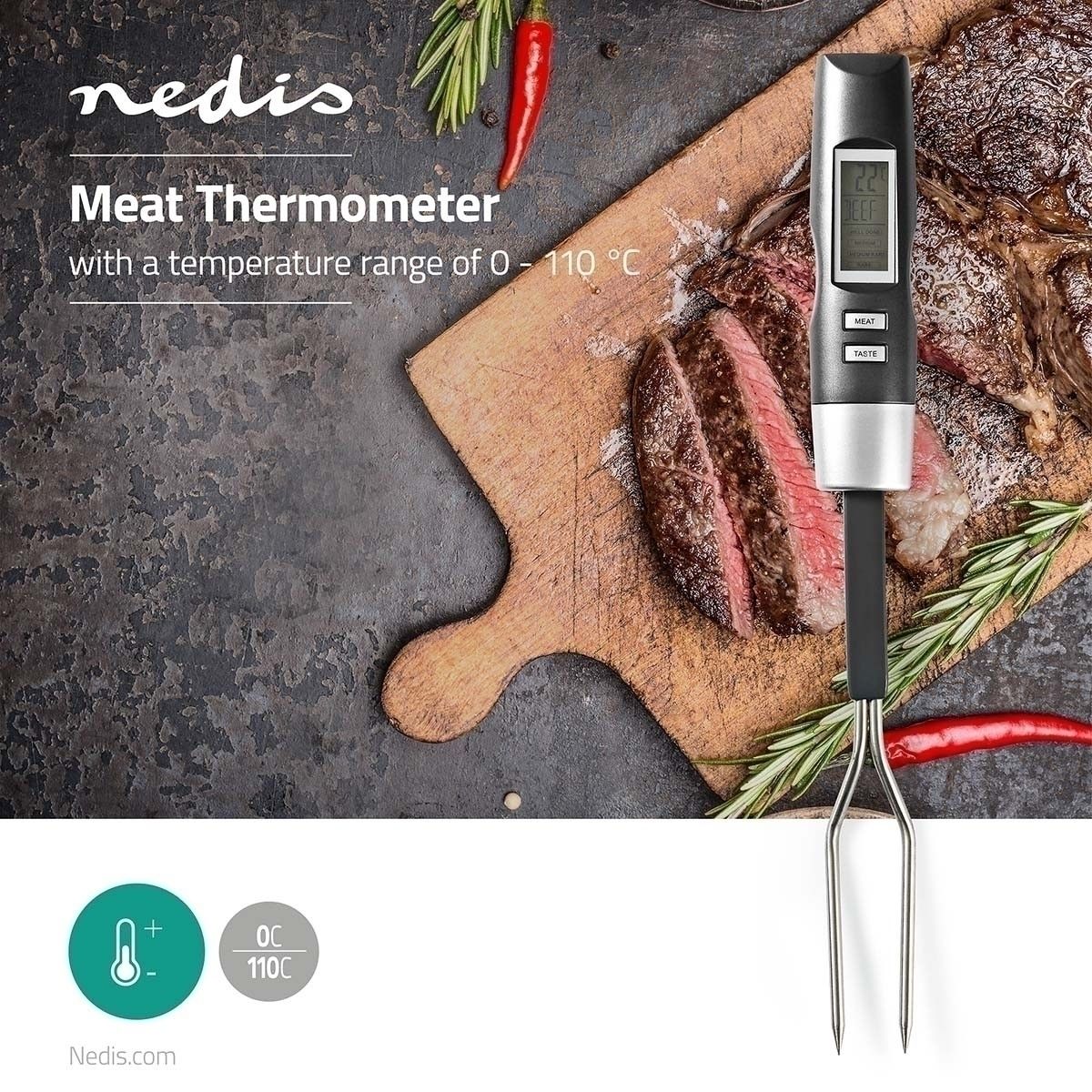 HÚS HŐMÉRŐ / MAG HŐMÉRŐ | HŐMÉRSÉKLET BEÁLLÍTÁS | LCD KIJELZŐ | 0 - 110 °C | EZÜST / FEKETE | KATH108GY